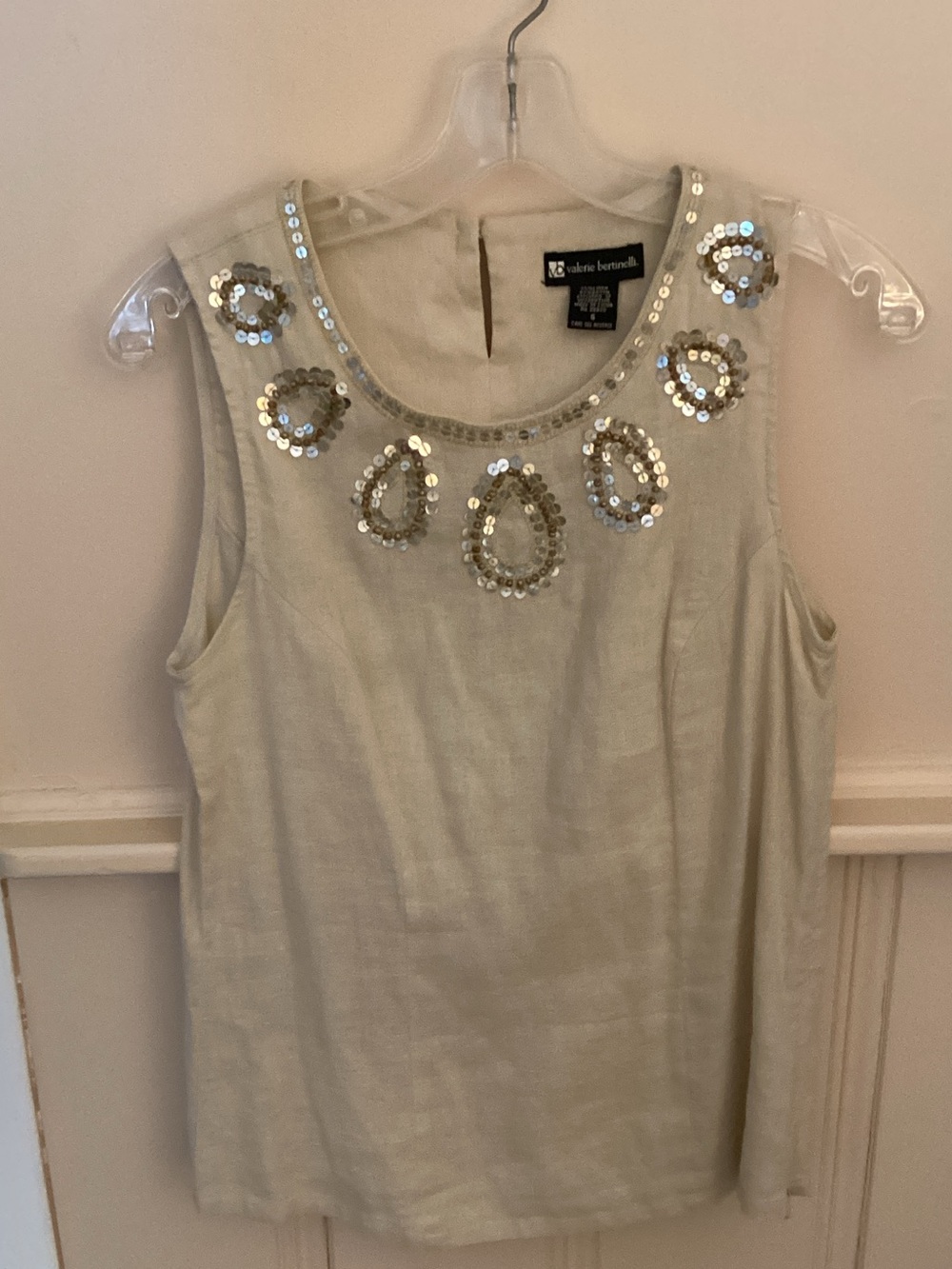 Valerie Bertinelli Cream Sleeveless Top with Gold Sequin Teardrops